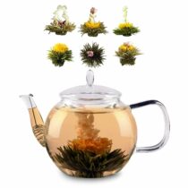 sklenená kanvica 1300 ml s uzáverom čajové sitko a čajové kvety Feelino