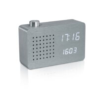 Sivý budík s bielym LED displejom a rádiom Gingko Radio Click Clock (Budíky)